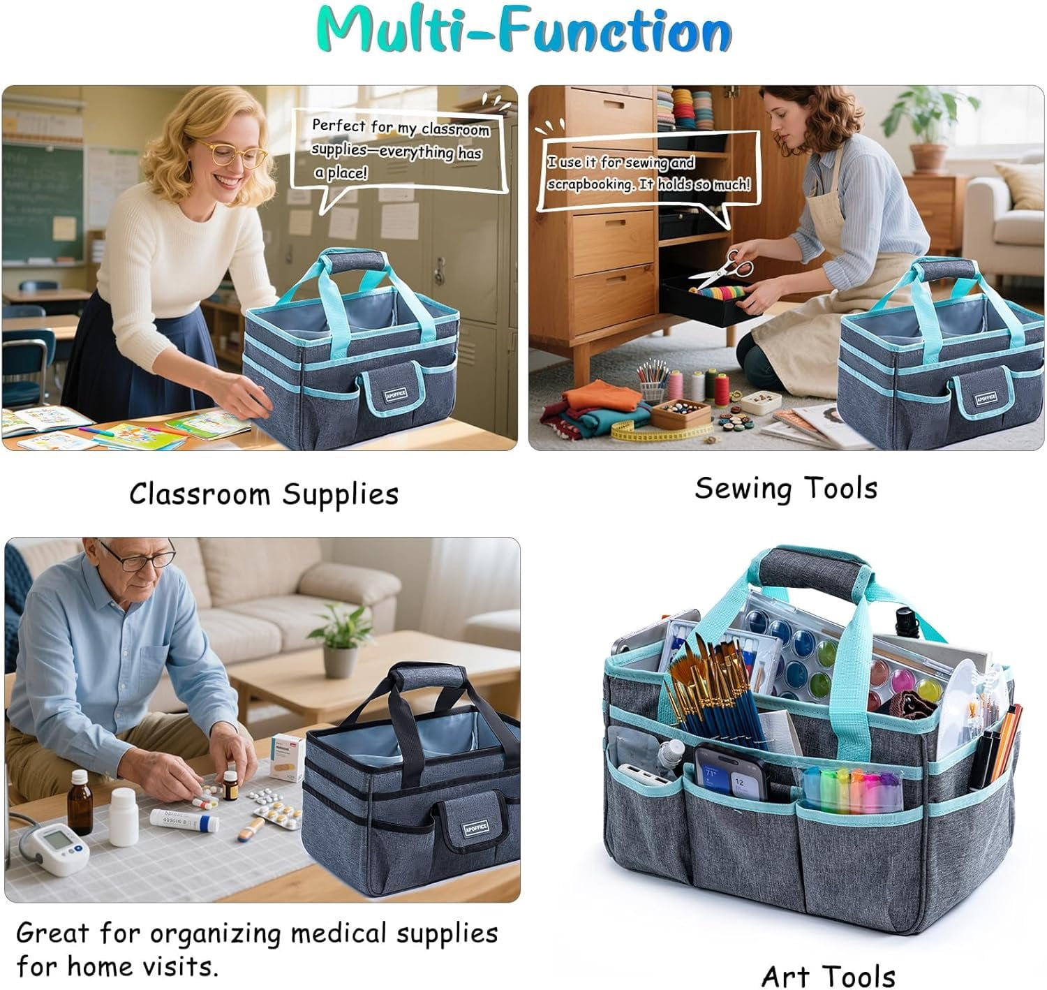 Art  Organizer Tote Bag - Craft  with Handle, Utility Storage Tote with Multiple Pockets & Adjustable Divider for Sewing, Scrapbooking, School, Office,  Supplies