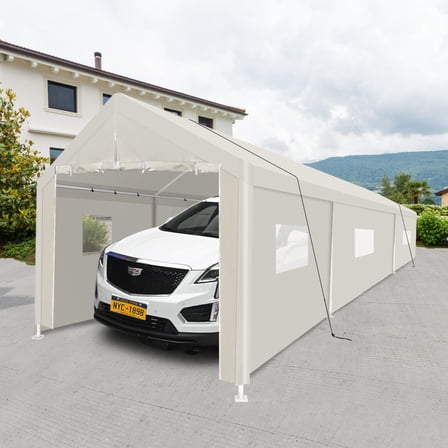 JXXRZ 10'x30' Heavy Duty Car Tent, Portable Carport Garage with Roll-up Windows , All-Season Waterproof Tarp for Outdoor Storage Shelter, Party, Birthday, White