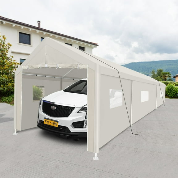 JXXRZ 10'x30' Heavy Duty Car Tent, Portable Carport Garage with Roll-up Windows , All-Season Waterproof Tarp for Outdoor Storage Shelter, Party, Birthday, White