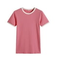 thumbnail image 1 of Femmes T-shirt Couleur Bloc Couture Fille Col Rond T Top Manches Courtes Blouse Décontractée, Rose, L, 1 of 5