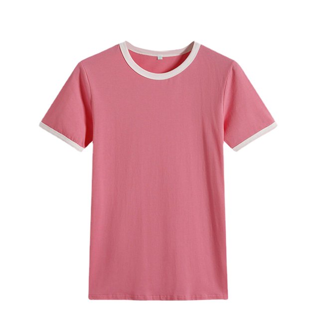Femmes T-shirt Couleur Bloc Couture Fille Col Rond T Top Manches Courtes Blouse Décontractée, Rose, L