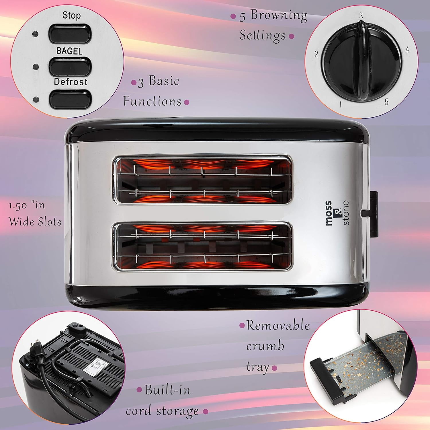Moss & Stone 2 Slice Toaster, 1.5in Extra-Wide Slot Toaster For Bagel & Defrost with 5 Shade Settings, Bread Toaster 2 Slice With Removable Crumb Tray (black toaster)