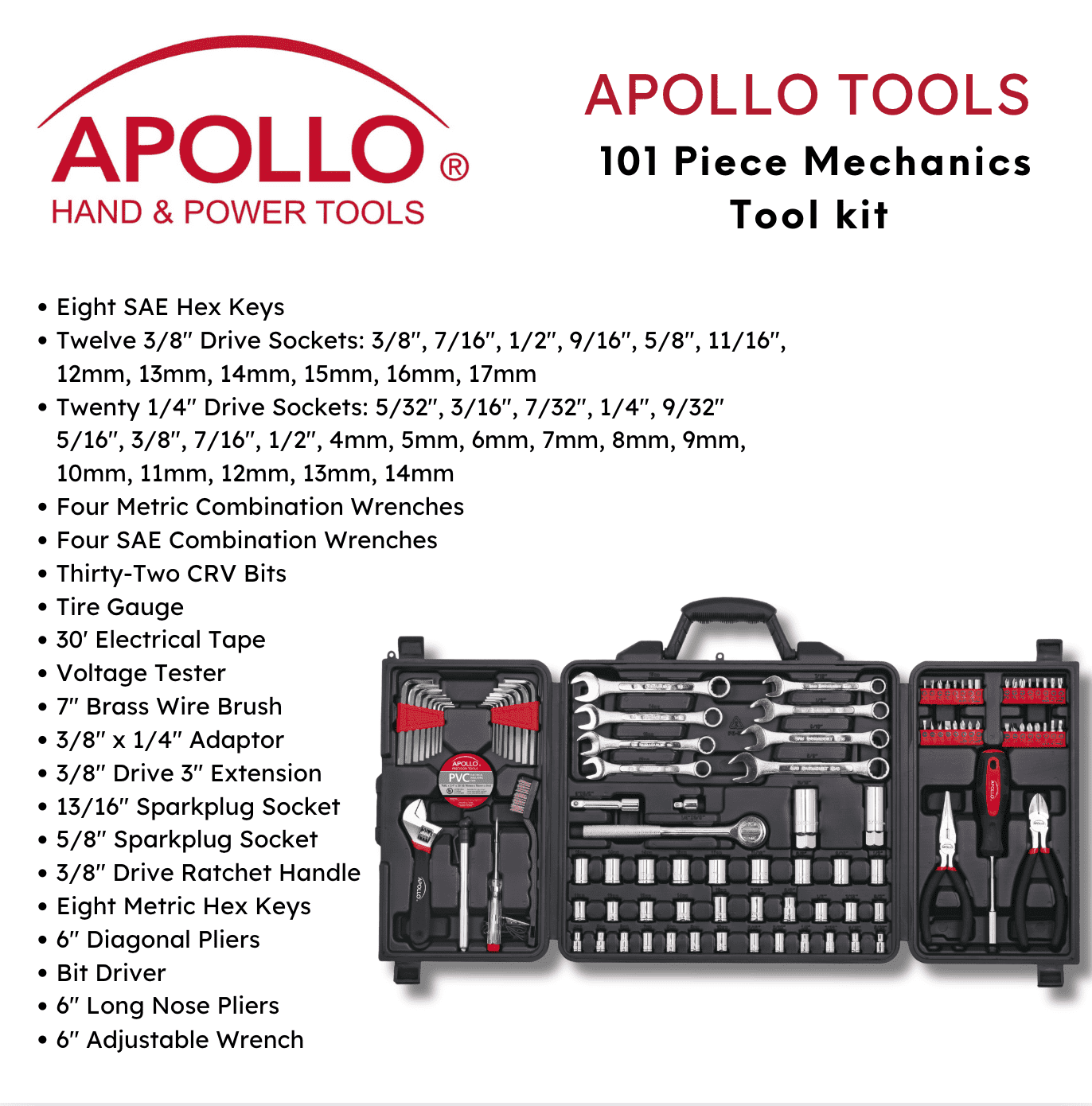 Apollo Tools 101 Piece Mechanic Tool Set for Vehicle and Home Maintenance, Roadside Emergencies. SAE and Metric Tool Set for Car, Boat, RV, Bikes - DT0006