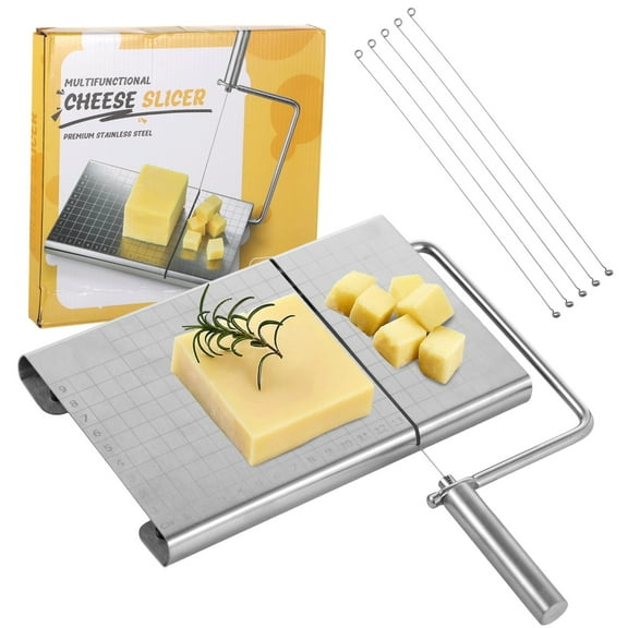 Cheese Slicer with 5 Replacement Wires, Stainless Steel Cheese Wire Slicer, Non-Slip Kitchen Countertop Cheese Cutter Slicer, Block Cheese Cutting Board for Home Restaurant Charcuterie