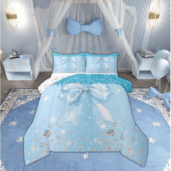 Feelyou Blue Ribbon Bedding Comforter Set, Diamond Sequin Print Twin Comforter Sets, Princess Bowknot Bedding Set, Breathable Room Decoration, 2-Piece
