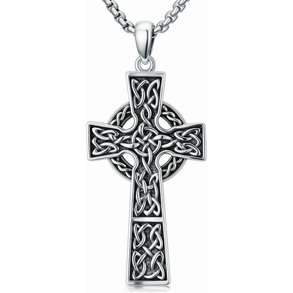 AOBOCO Celtic Cross Necklace for Men 925 Sterling Silver Irish Celtic Knot Cross Pendant Necklaces Jewelry, w/Stainless Steel Chain 22''   2''