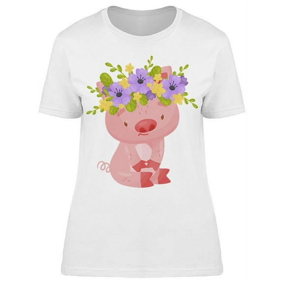 Cute Pig Sitting Flowers T-Shirt Women -Image by Shutterstock, Female Small
