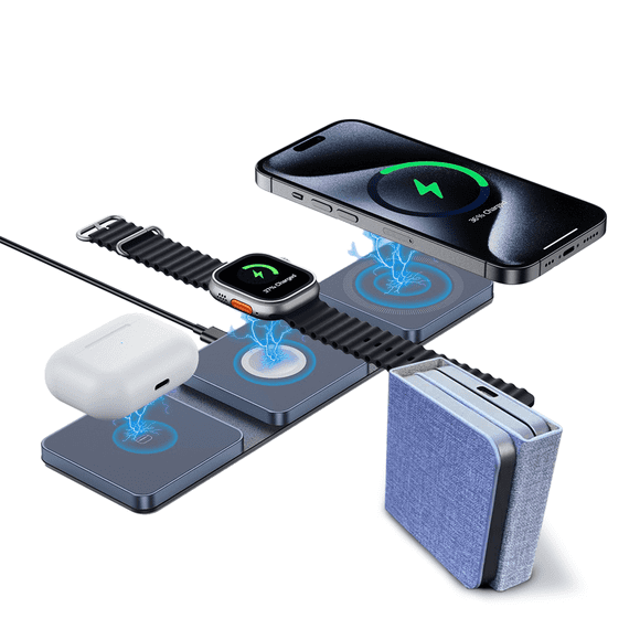 Light Blue 3 in 1 Wireless Foldable Charging Station Compatible with MagSafe, Fast Charger for iPhone 16/15/14/13/12 Series, Apple Watch and AirPods Pro/3/2