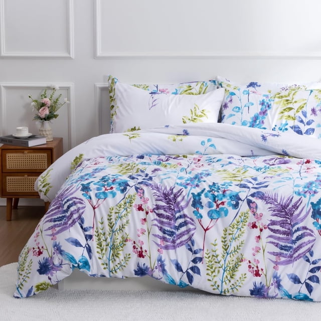 Juego de Funda Nórdica Floral Reina Violeta Azul Acuarela Flores Hojas Verdes