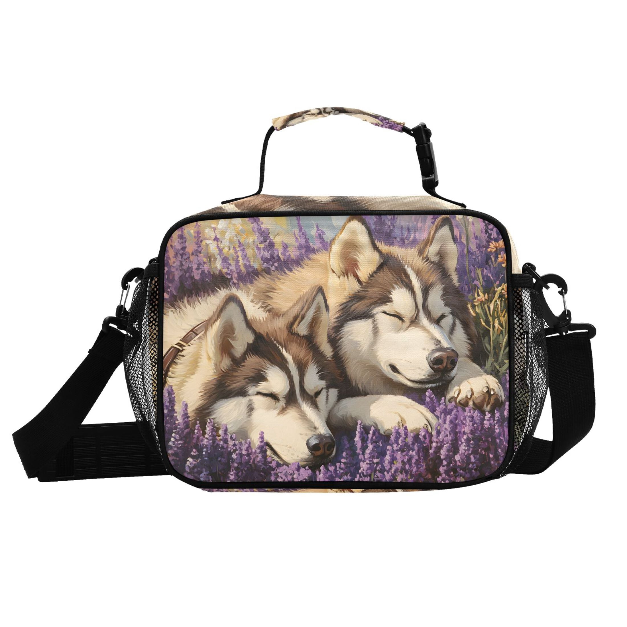 ALAZA Huskies Dog in Lavenders Lunch Box Insulated Cooler Bag Reusable Tote Bags Shoulder Strap
