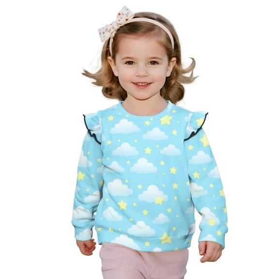 Xixirimido Cloud Stars Blue Print Ruffle Shoulder Toddler Girls Sweatshirt Long Sleeve Graphic Pullover Top Soft Crewneck Sweater Fall Winter Wear, for 1-2T