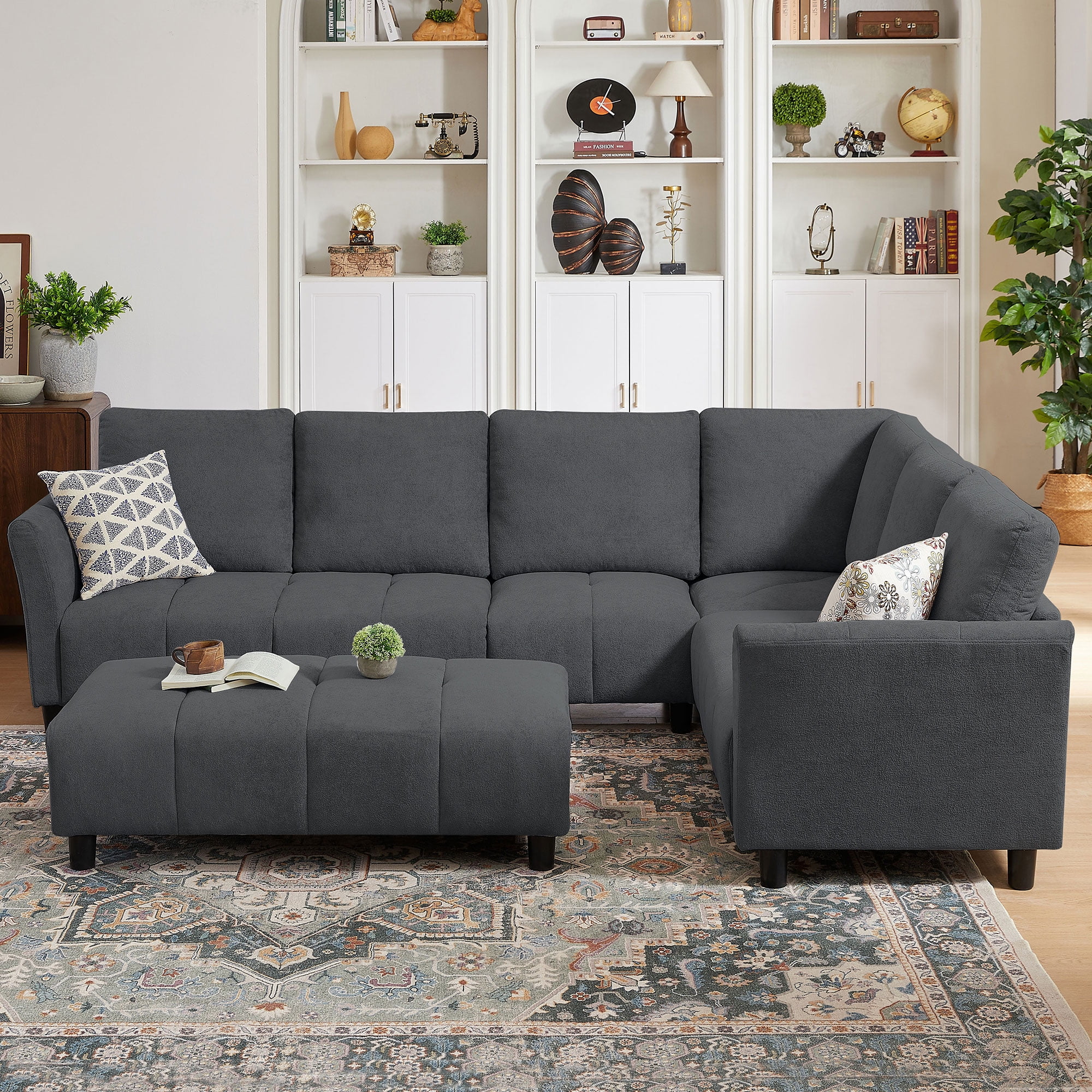 Pingliang Home 102" Convertible Sectional Sofa with Long Ottoman,Upholstered Oversized Modern 6 Seat L Shaped Couch Corner Sofa with Back Cushions for Living Room Apartment Office Studio