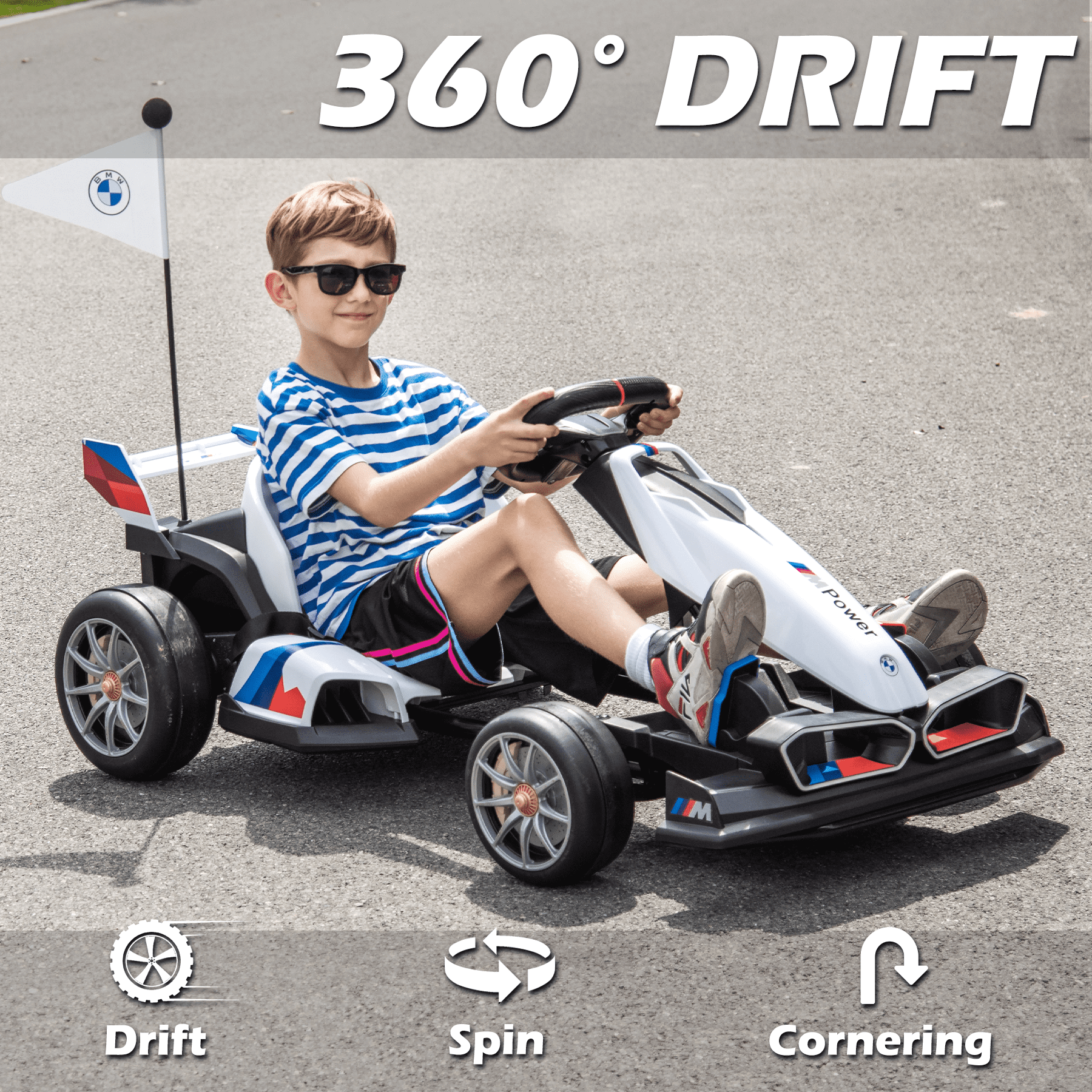 NEECHIPRO 36V Licensed BMW Electric Go Kart , 400W Powerful Motor Racing with Drift Race Pedal,for Kids Age 6+, 8mph,White