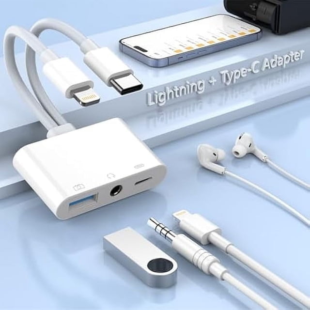 Multi Lightning + USB C to USB Adapter,3 in 1 USB OTG Adapter+3.5mm Audio Headphone Jack Adapter+Fast Charging Port, Phone Splitter Compatible with iPhone 14/13/12,Most Type-C Phones,iPad Pro,Laptops