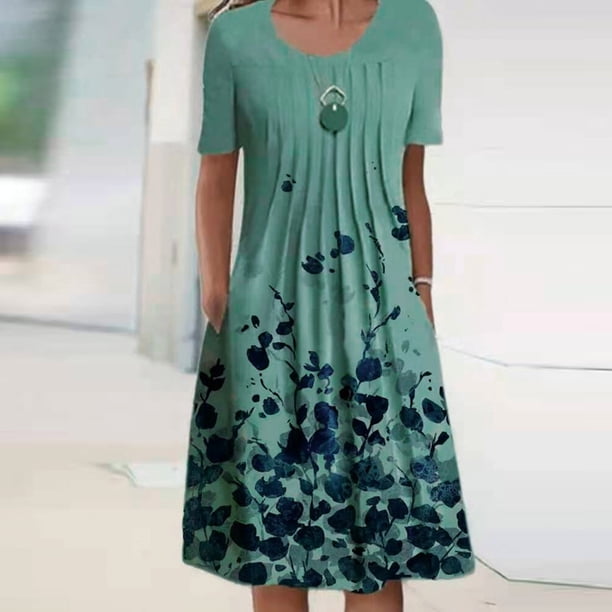 ICHUANYI Clearance Women's Summer Casual Round Neck Short Sleeve Folding Floral Printed Dresses(Navy, XL) ICHUANYI WER2023080704238