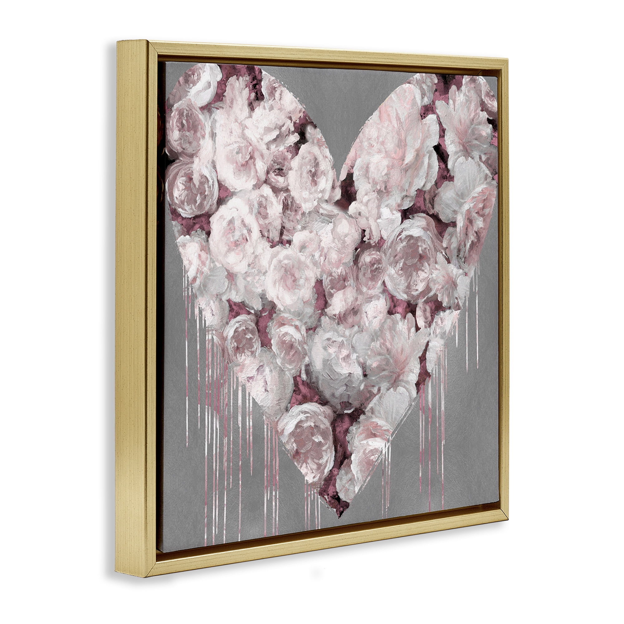 Stupell Industries Pink Rose Heart over Grey Botanical & Floral Painting Gold Floater Framed Canvas Art Print Wall Art, 25 x 25