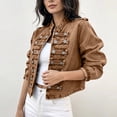 thumbnail image 5 of Yuaguia Women's Vintage Military-Style Denim Jacket, Double-Breasted Button Front Crop Coat with Stand Collar, Soft Stretchy Long Sleeve Outerwear for Fall Fashion & Daily Wear, Brown M, 5 of 5
