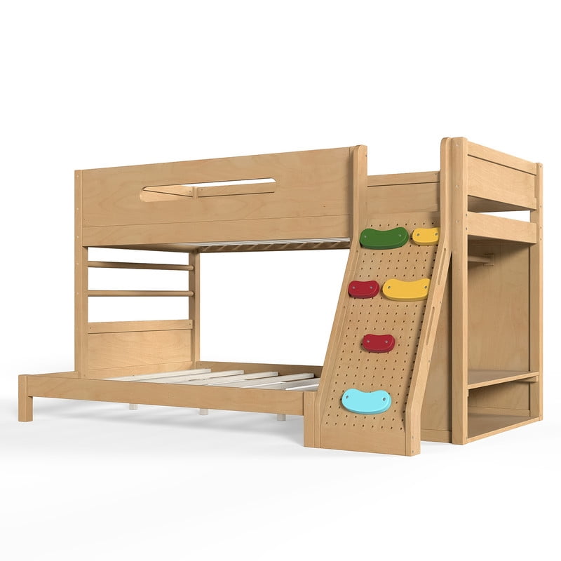 Twin/Twin XL Over Full Bunk Bed with Built-in Wardrobe, Storage Shelves, Rock Climbing Wall, Solid Wood Bunk Bed Fram with Full-Length Guardrails, No Box Spring Needed