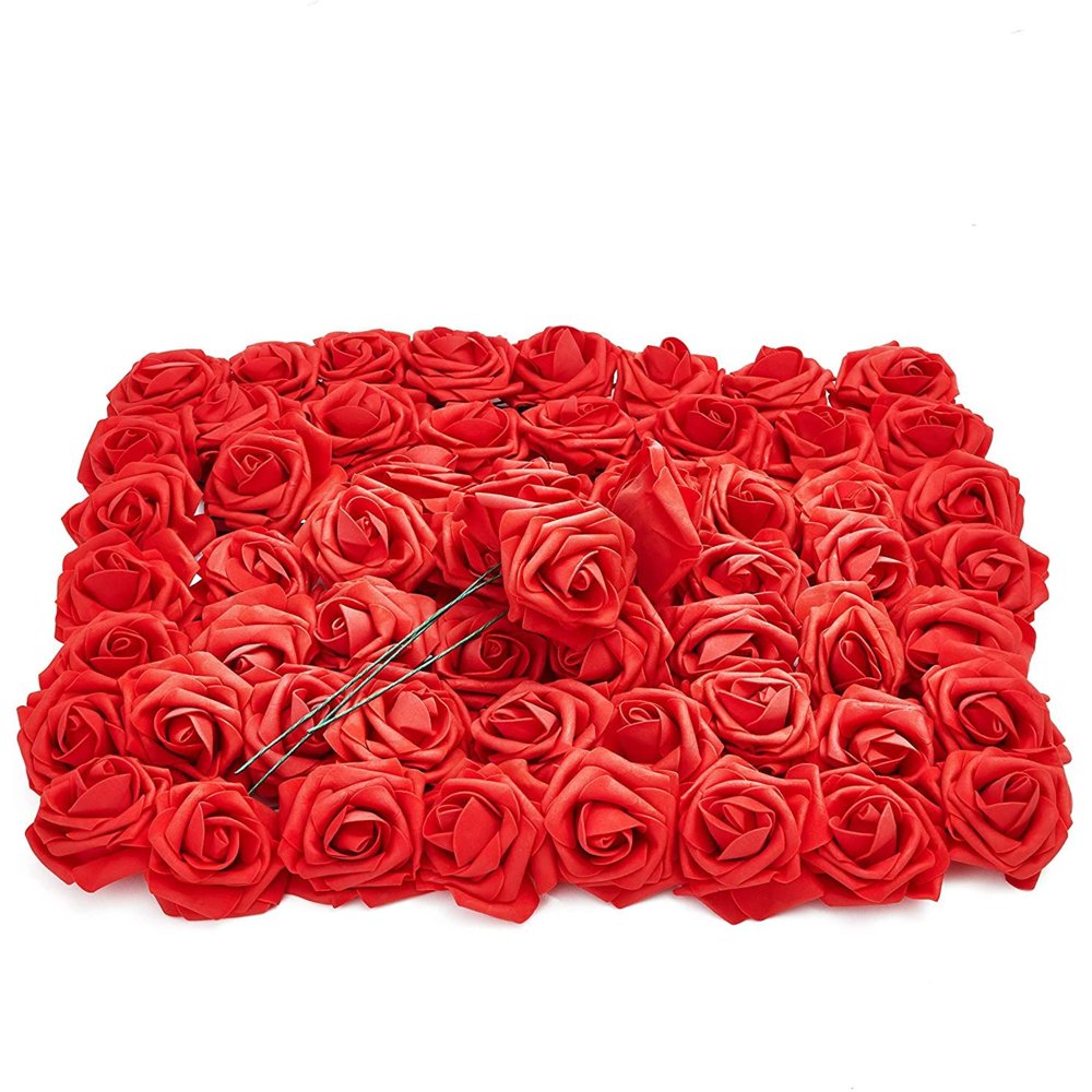 Artificial Red Rose Flowers 60pcs Fake Roses with Stem for DIY, Wedding