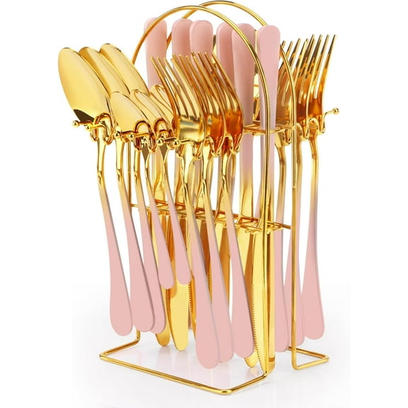 24 Pieces Flatware Set, Stainless Steel Cutlery Set with Silverware Holder, Modern Gold Silverware Set Includes Dinner Knives Forks Spoons,Hanging Silverware Set Service for 6 (Pink)