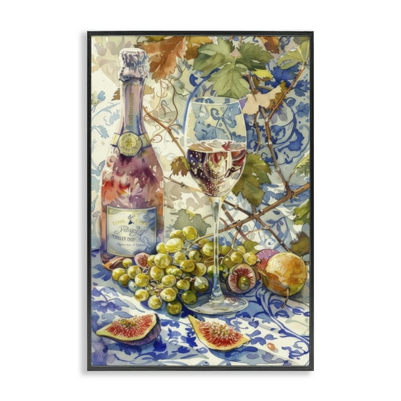 Stupell Industries Grapes & Wine Bottle Food & Beverage Painting Black Framed Art Print Wall Art, 12 x 18