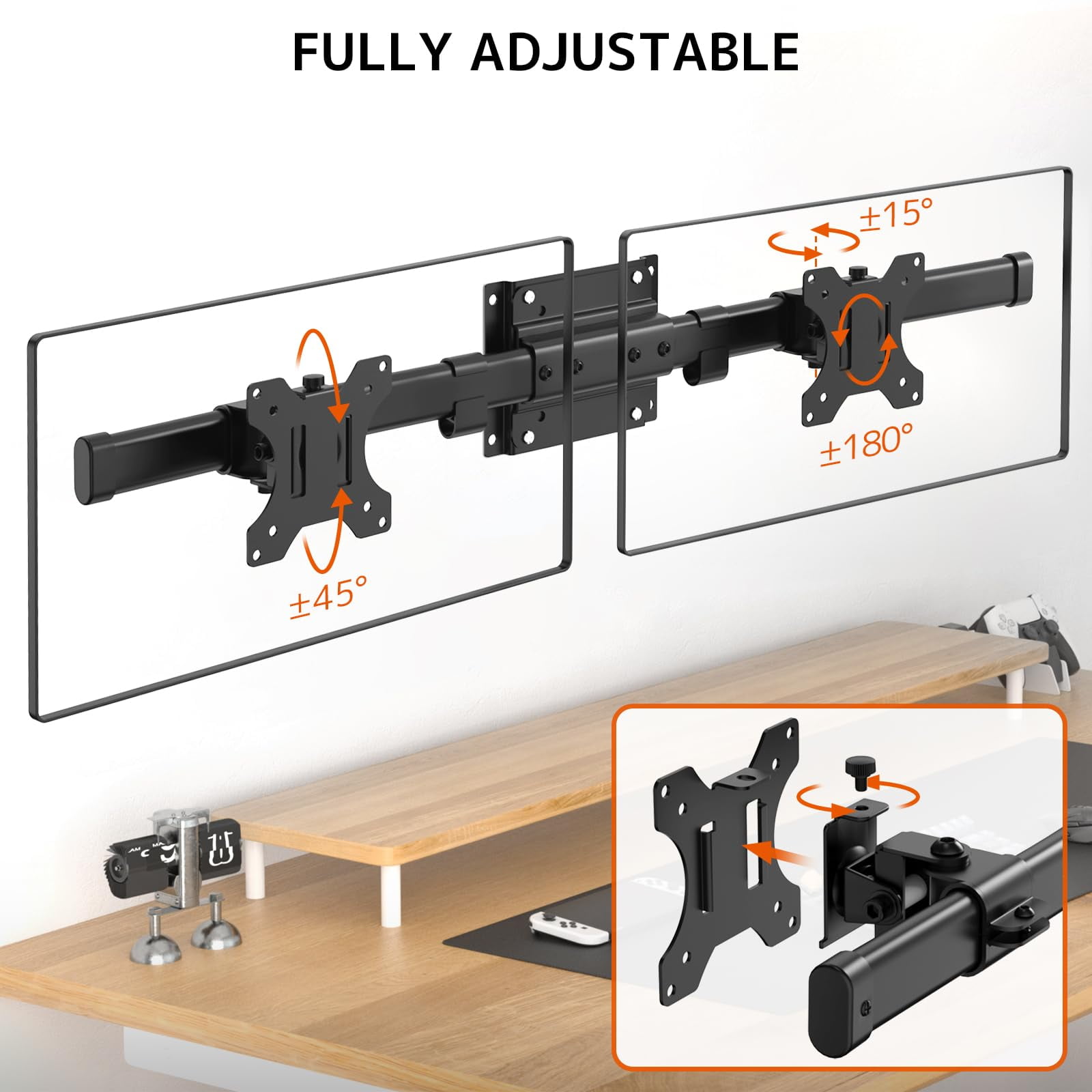 PUTORSEN Dual Monitor Wall Mount, Horizontal Assembly Mount for 2 Monitor Screens up to 35 inches, Max. 10kg per Arm, VESA 75x75/100x100mm
