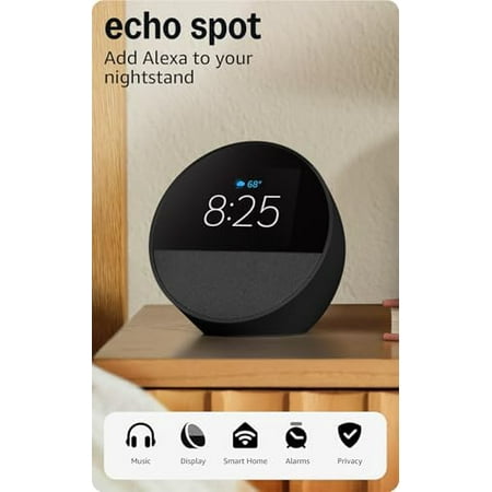 Amazon Echo Spot, Great for nightstands, offices and kitchens, Smart alarm clock with Alexa, Black
