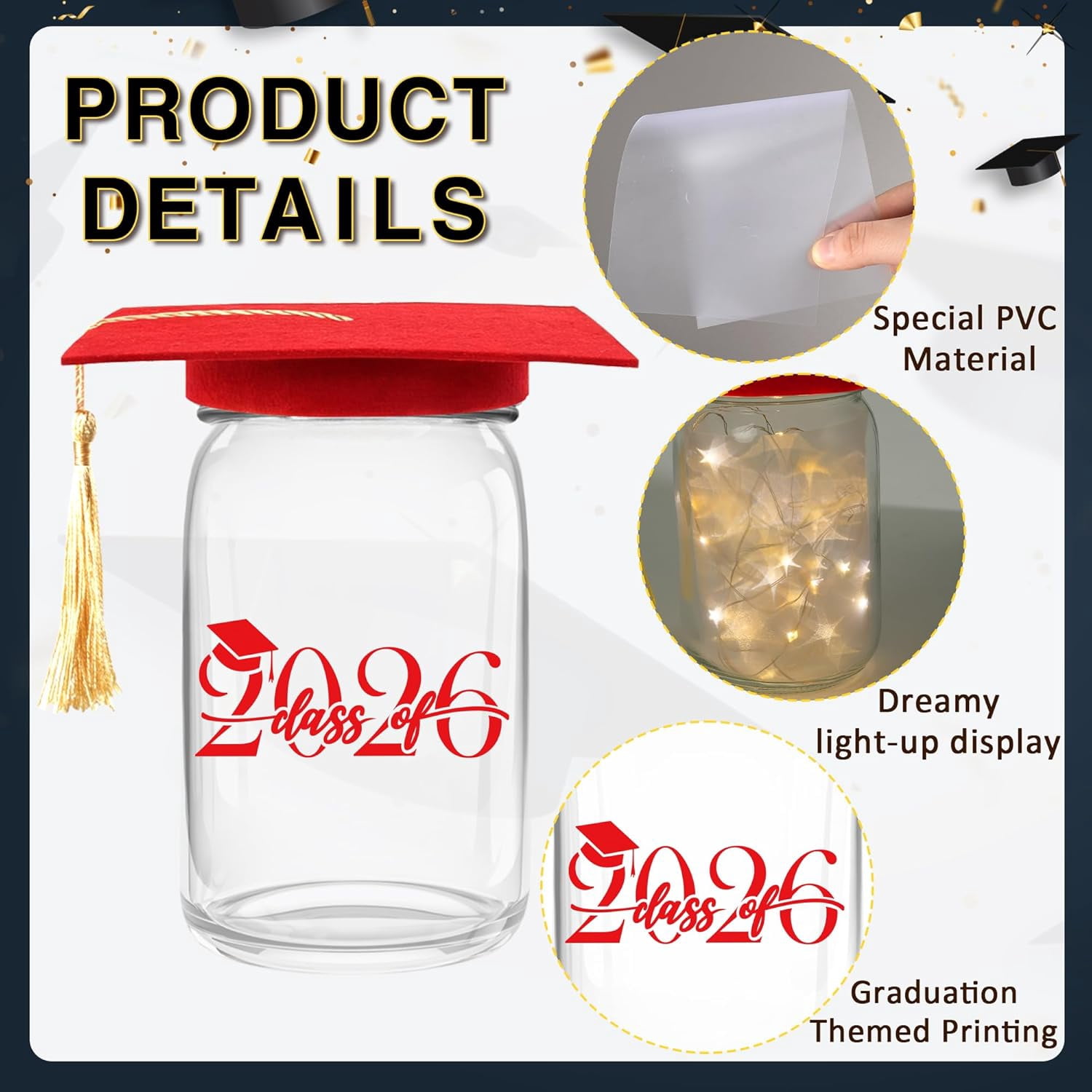 6 Sets 2026 Graduation Centerpieces for Tables, Glowing Mason Jar Centerpieces with Graduation Caps, Glowing Money Jars for College High School Congrats Grad Party Decor Supplies