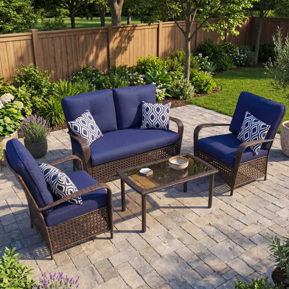 Belle Patio Amber 4-Piece Wicker Outdoor Patio Furniture Conversation Set with 4 Seats, Tempered Glass Coffee Table, White & Navy Cushions