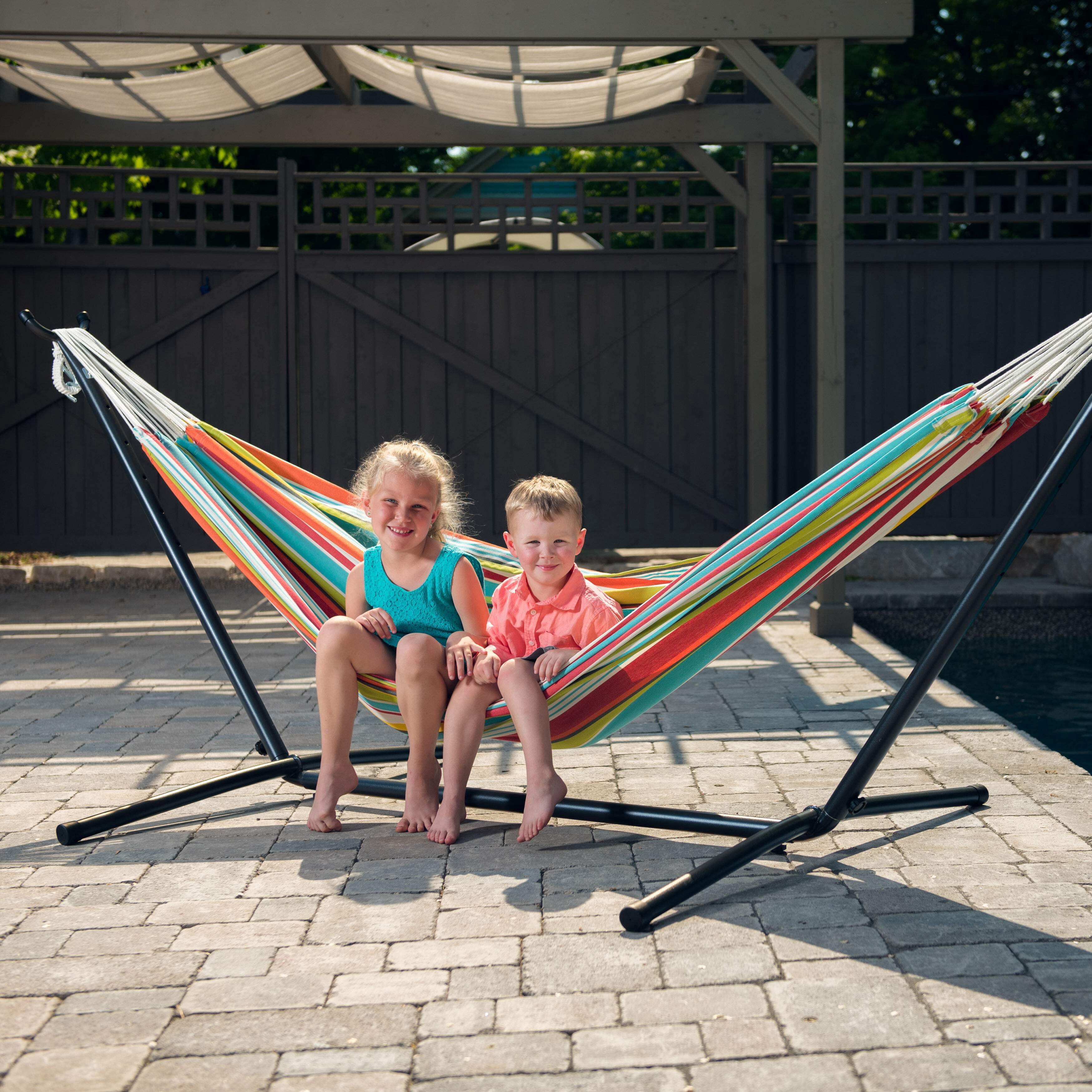 Vivere Double Polyester Easy Assemble Outdoor Hammock with Steel Stand, Ciao