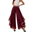 thumbnail image 3 of Women's High-Waisted Chiffon Palazzo Pants with Gold Trim - Tiered Ruffle Wide Leg Trousers, Flowy Boho Culottes for Summer Wine XXL, 3 of 6