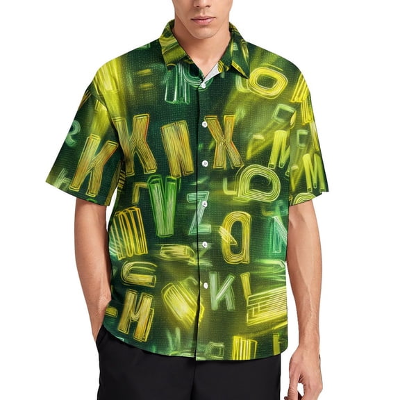 Mens Unique Pattern Glowing Letters Green Yellow Background Button Up Shirts Vacation Summer Clothes
