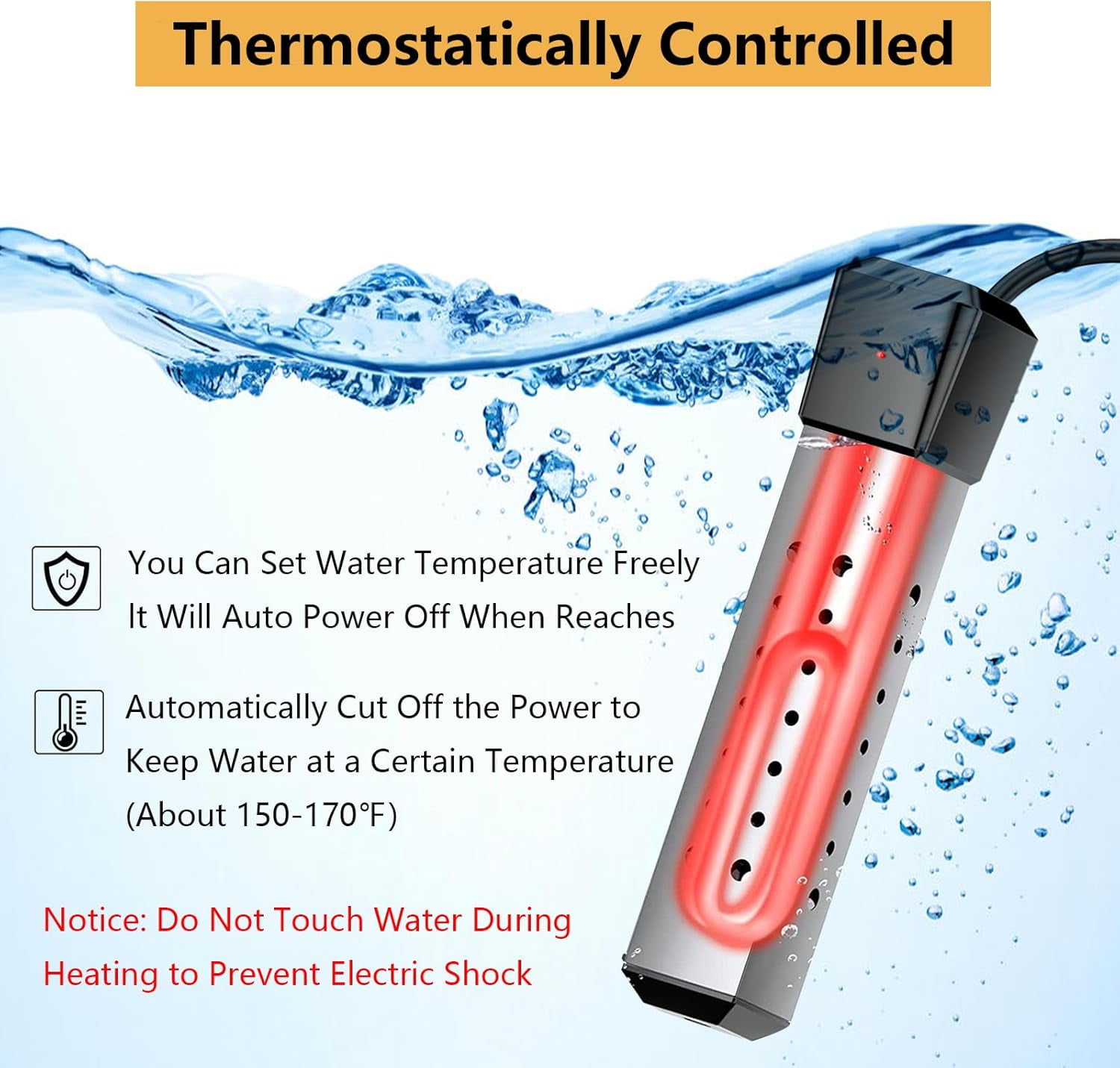Immersion Water Heater with Thermostat,2000W Heater for Inflatable Above Ground Swimming Pool, Portable Submersible Bucket Heater, Bathtub Electric Water Heater with  Stainless Guard