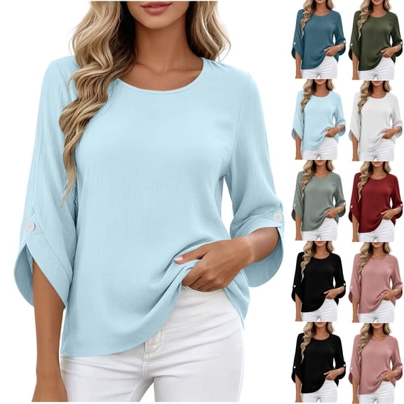 KTFgvq Women's Scoop Neck 3/4 Sleeve Blouses, Relaxed Fit Casual Tops, Solid Color Tees, Lightweight Linen for Vacation, Summer, Army Green L