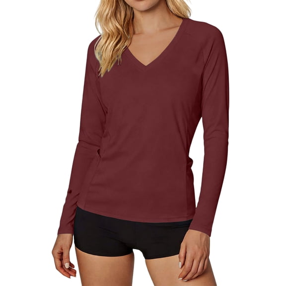 OGLCCG Women's Long Sleeve UPF 50 Sun Protection Shirts V Neck Workout Shirts for Hiking Fishing Breathable Athletic Running Gym Tshirt,XXXL,Wine