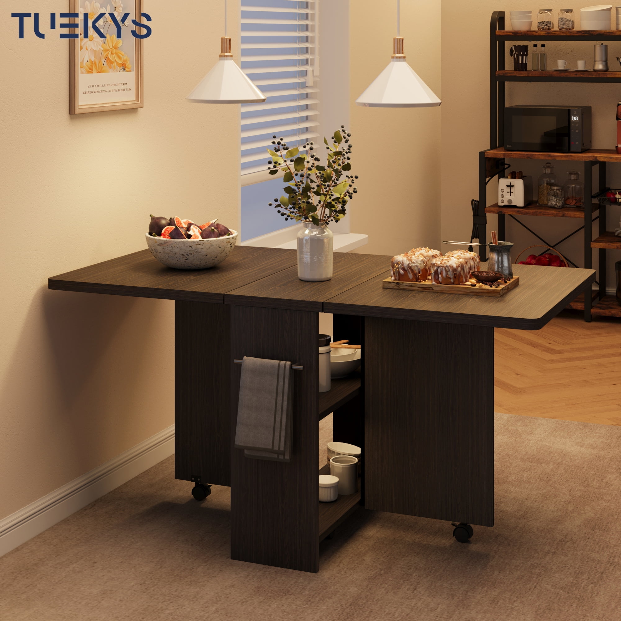 Tuekys Folding Dining Table Drop Leaf Kitchen Table with 2 Storage Racks-Perfect for Small Spaces Multifunction Space Saving Table Extension Dinner Table Kitchen Office Desk Black(with Handle)