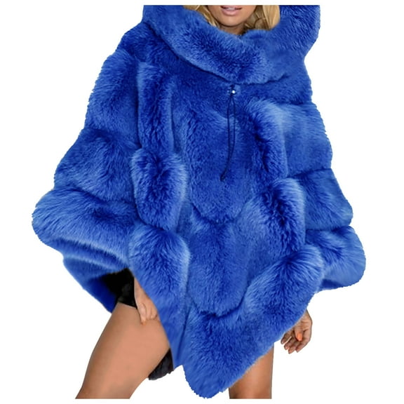 Women's Fall/Winter Hooded Cape - Solid Color Faux Fur Patchwork Loose Jacket, Blue, 5XL