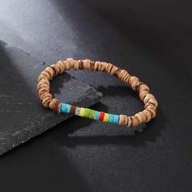 Xiao Hua Pulsera elástica vintage bohemia con cuentas de madera hecha a mano, pulsera de equilibrio con protección curativa para mujeres y hombres, estilo O