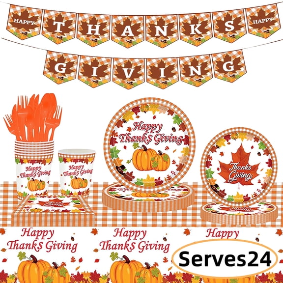 Thanksgiving Paper Plates Tableware Set Disposable Napkins Tablecloth Banner Dinnerware Set for Fall Autumn Harvest Thanksgiving Party Supplies Serve 24