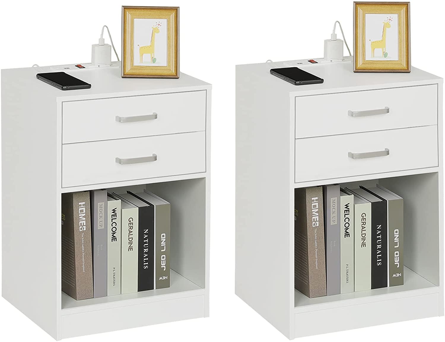 White Nightstand with Charging Station 2 Drawers Set of 2 End Table for Bedroom Living Room