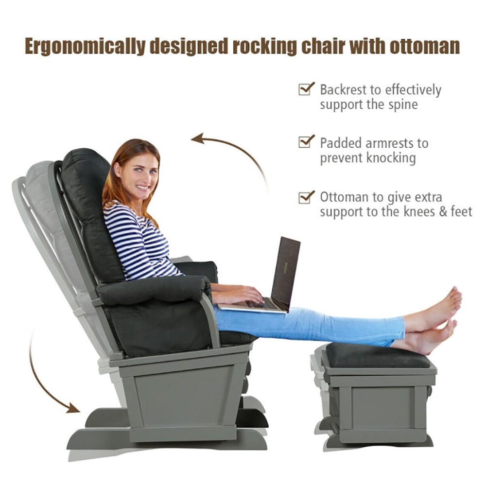 Finihen Upholstered Glider and Nursing Ottoman, Comfort Rocking Nursery Chair with Ottoman, Wood Baby Glider and Ottoman Cushion Set with Padded Armrests for Nursing, Gray