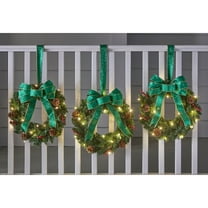 BrylaneHome Set of 3 Pre-Lit 16 inch Christmas Wreaths with 20 Warm Lights & Timer Function, Pre-Decorated, Cordless, No Outlet Required