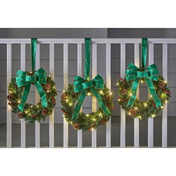 BrylaneHome Set of 3 Pre-Lit 16 inch Christmas Wreaths with 20 Warm Lights & Timer Function, Pre-Decorated, Cordless, No Outlet Required