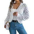thumbnail image 3 of Cardigan Sweaters for Women Crochet Open Front Short Jacket Fall Winter Lantern Sleeve Cover Up White L, 3 of 9