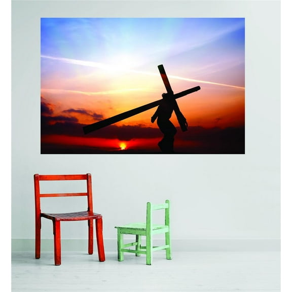 Design With Vinyl Artwork Christ Carring Cross Gorgous Magnificent Sunset Wall Decal for Family - Christ God God KJV Holy Bible Jesus Themed Décor - Size: 15 In x 20 In