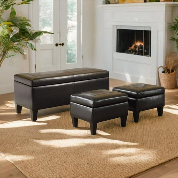 Brown Faux Leather 3 Pc Storage Bench And Ottoman Set