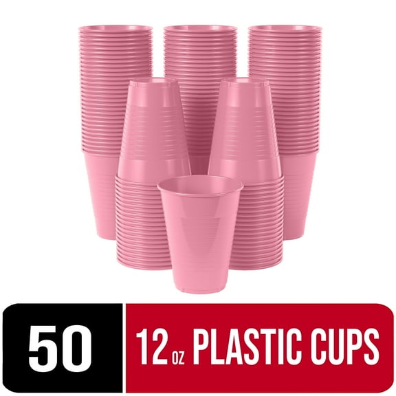Exquisite 50 Ct 12 Fl Oz Pink Disposable Plastic Cups, Heavy Duty Party Cups, 1 Pack