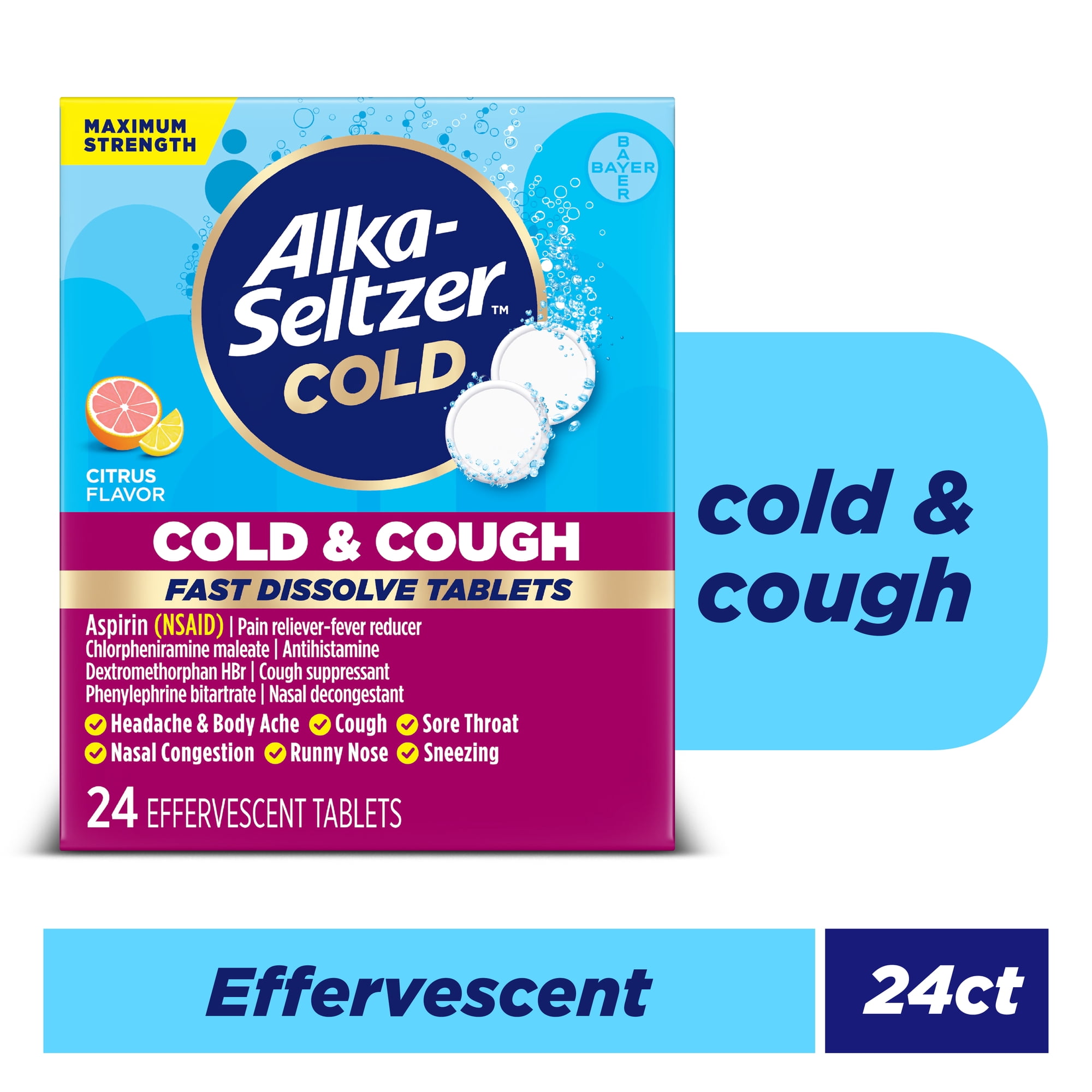 Alka-Seltzer Cold, Cold & Cough Max Strength Fast Dissolve Tabs, Citrus Flavor, 24 Count