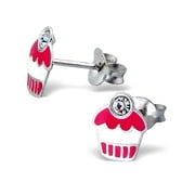 Pink and White Enamel Children's Sterling Silver Cupcake Earrings with Crystal