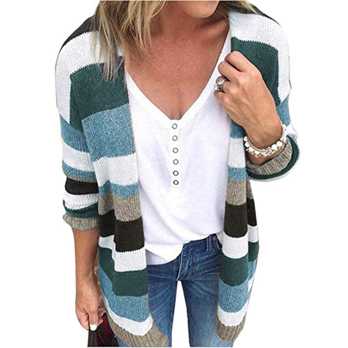 Dokotoo Women's Long Open Front Cardigans Striped Color Block Loose Knit Sweaters Outwear Coat 
